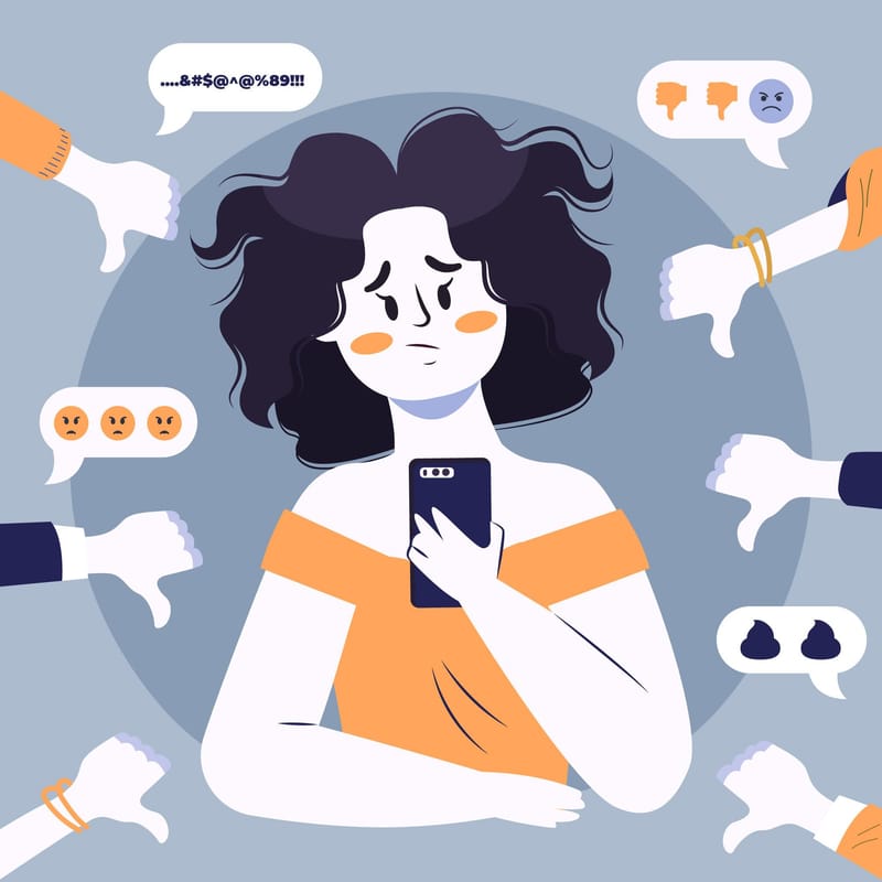 Una persona con el celular rodeada de reacciones negativas