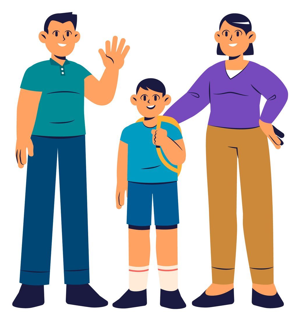 Una familia saluda, con su hijo de mochila