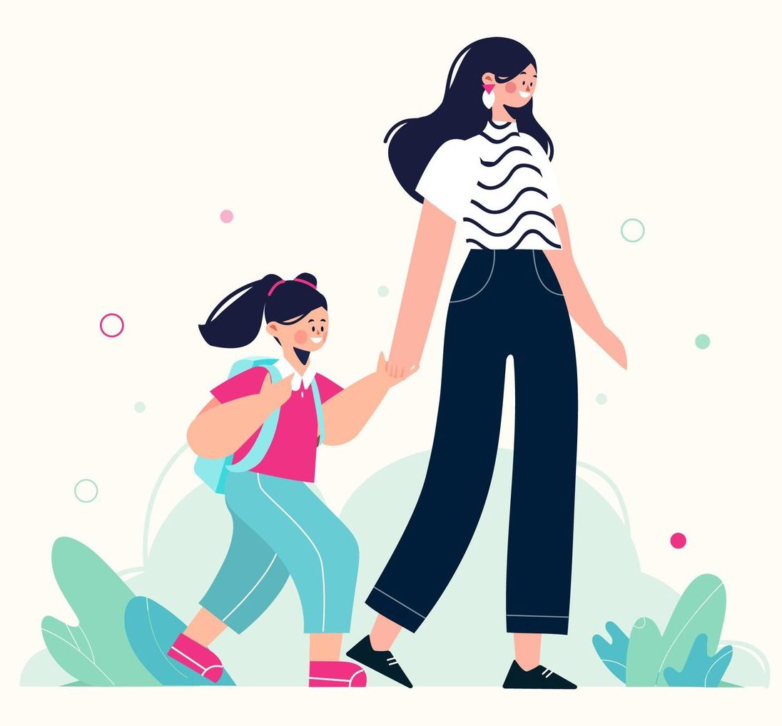Una mamá lleva de la mano a su hija a la escuela